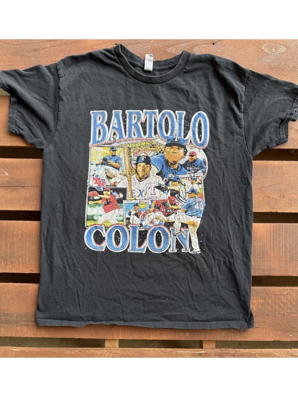 Bartolo Colon Texas Rangers Baseball Graphic T-Shirt Black Vintage Look Large